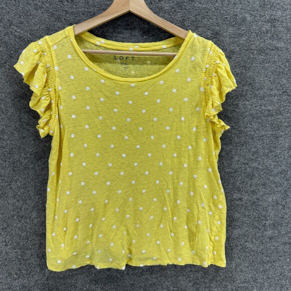 Loft T-Shirt Women L Large Yellow Polka Dot Linen Short Sleeve Round Neck Casual - Picture 1 of 7